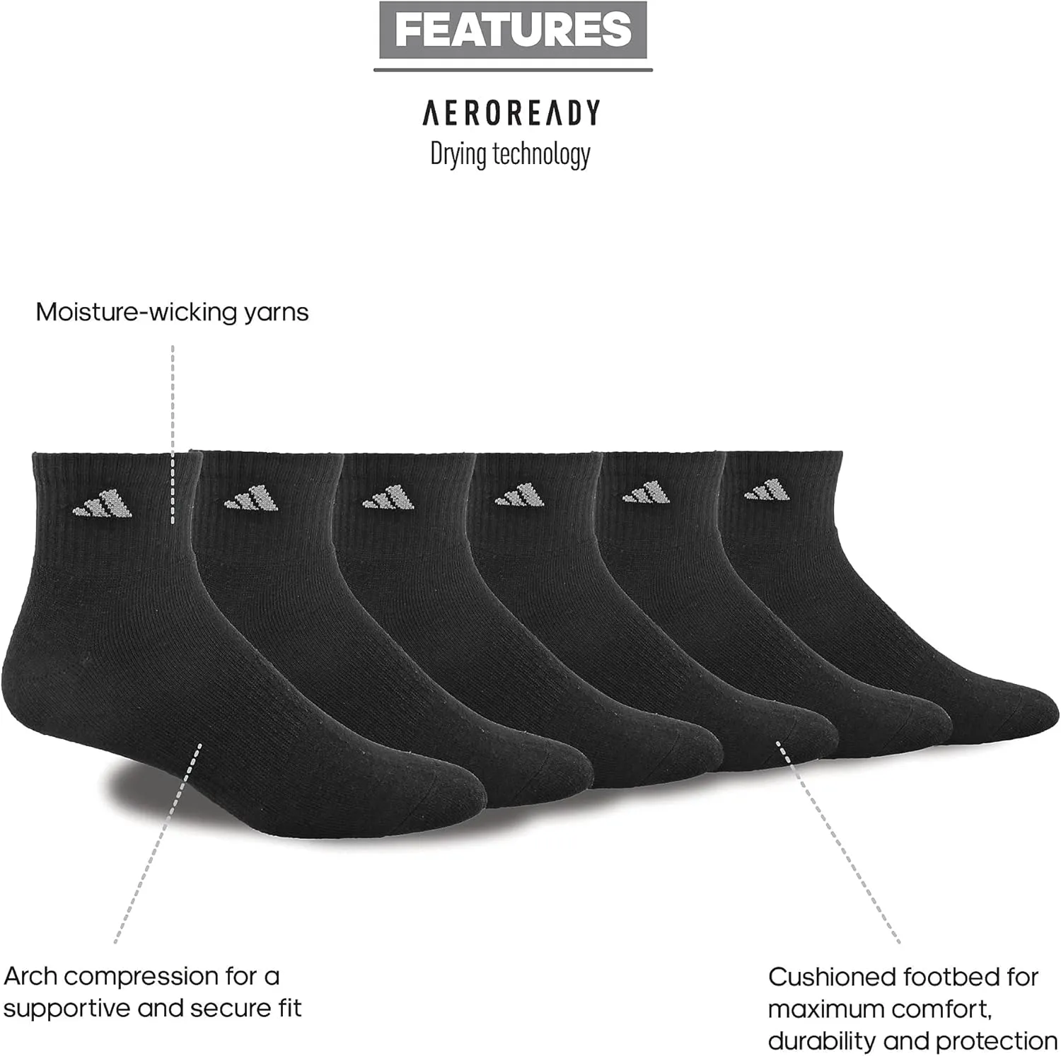 adidas Men's Socks, Athletic Cushioned Quarter 6-Pack, Ankle Fit with Arch Support