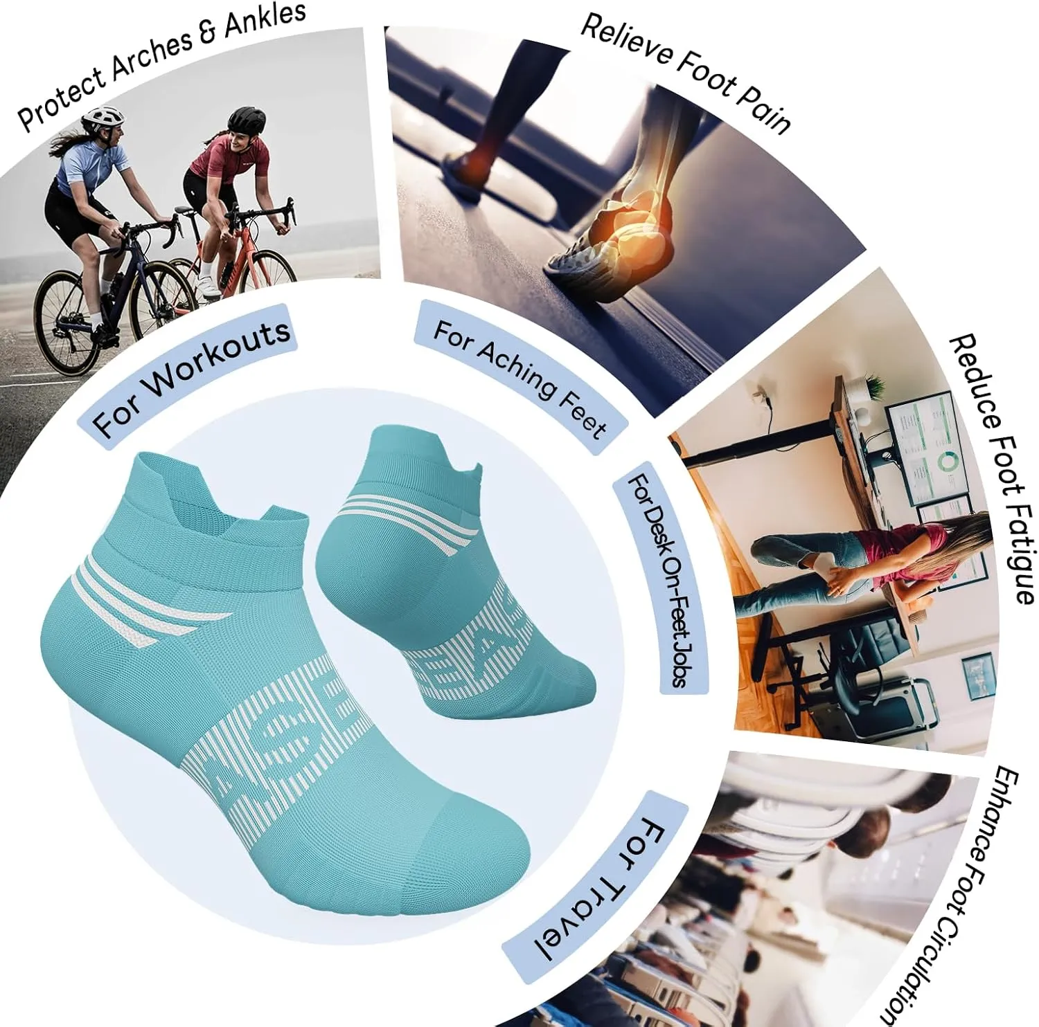 Ankle Compression Socks for Men and Women, 6 Pairs Cushioned Low Cut Athletic Running Sock with Arch Support