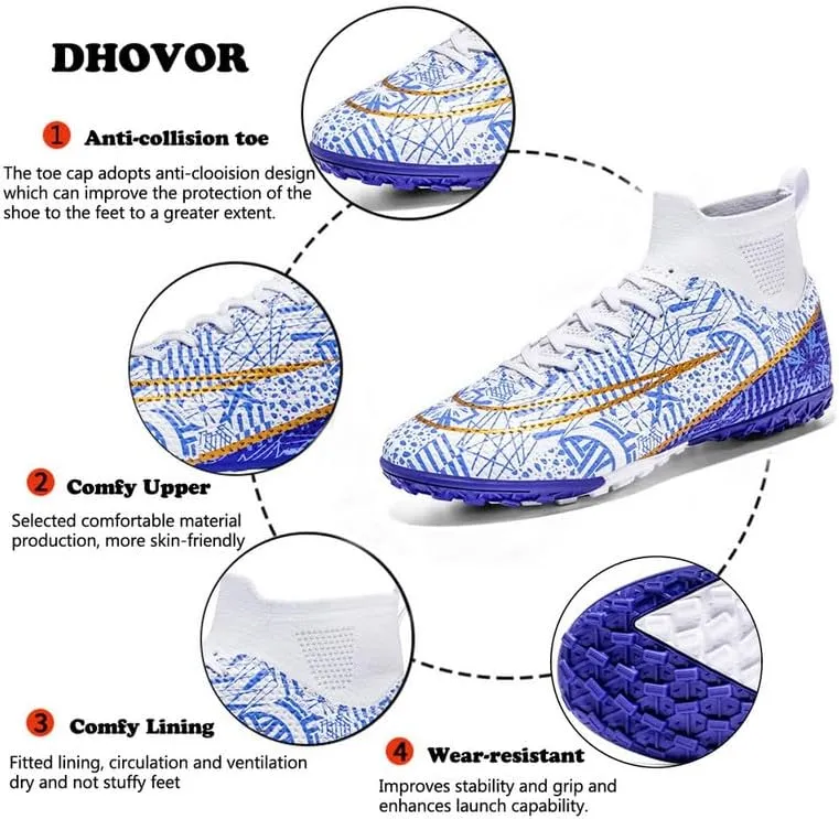 DHOVOR Boys Girls High-Top Soccer Cleats Youth Football Cleats Comfortable Turf Indoor Soccer Shoes for Kids Outdoor/Indoor/Competition/Unisex