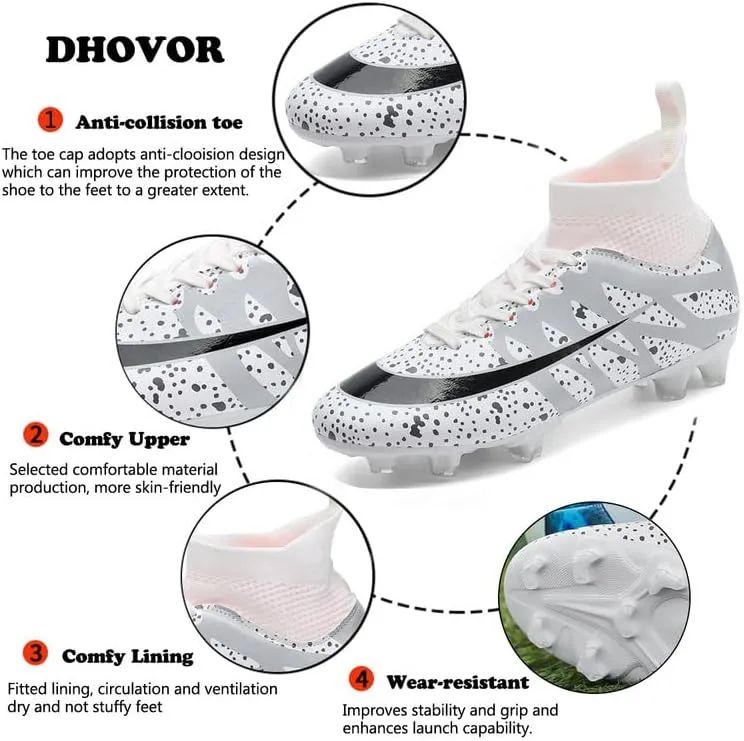 DHOVOR Boys Girls High-Top Soccer Cleats Youth Football Cleats Lightweight Indoor Soccer Shoes for Kids Indoor/Outdoor/Competition/Unisex