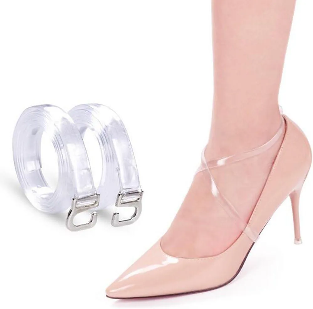 QUUPY 2 Pairs 23.5 Inch Women's Transparent Silicone Invisible Shoe Straps Detachable Handy High Heel Shoes Straps Sandals Wedges and Flats for Anti-Loose Shoelace Accessories (Clear)