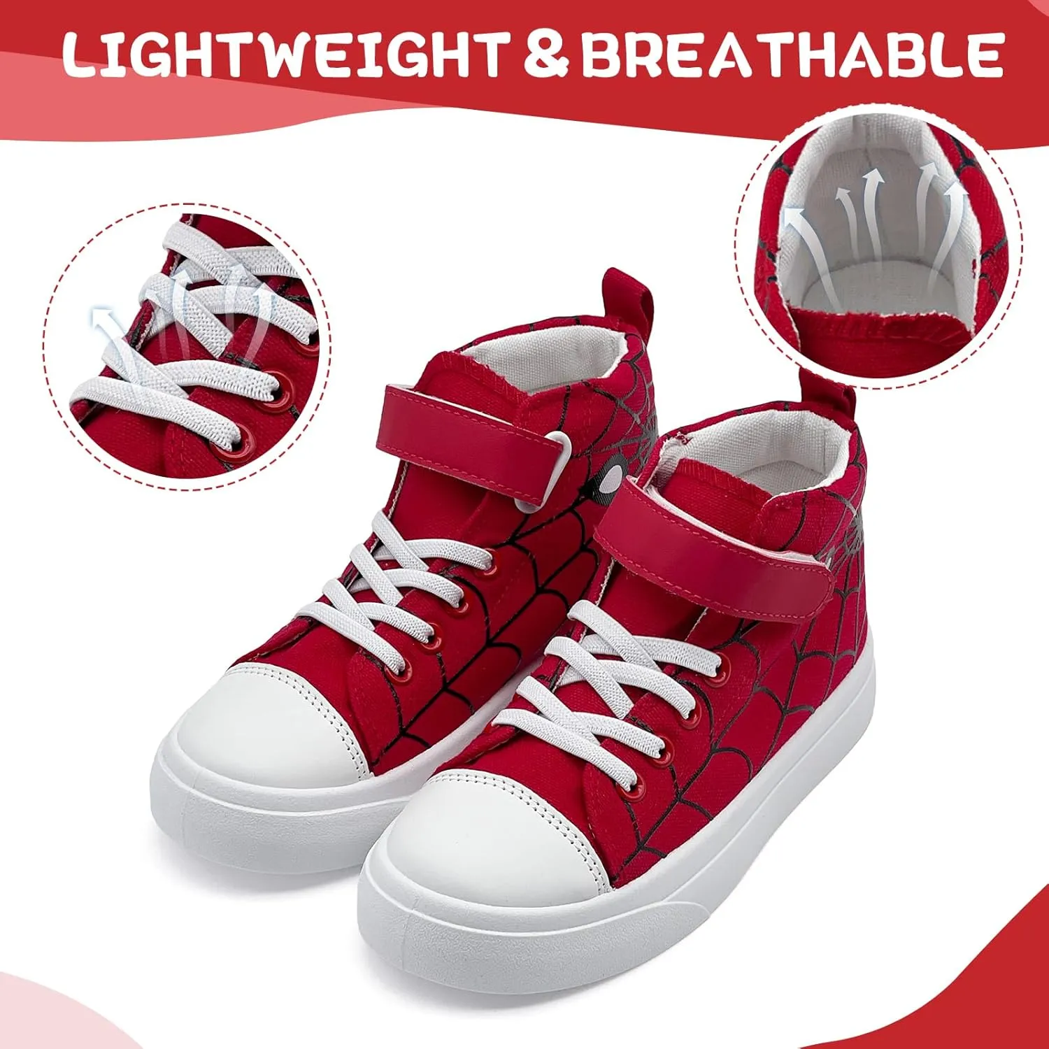 Sharllen Kid Canvas High Top Spider Sneakers Classic Adjustable Strap Lace up Shoes for Boys Girls Casual Tennis Kids Athletic Basketball Running Walking Shoes