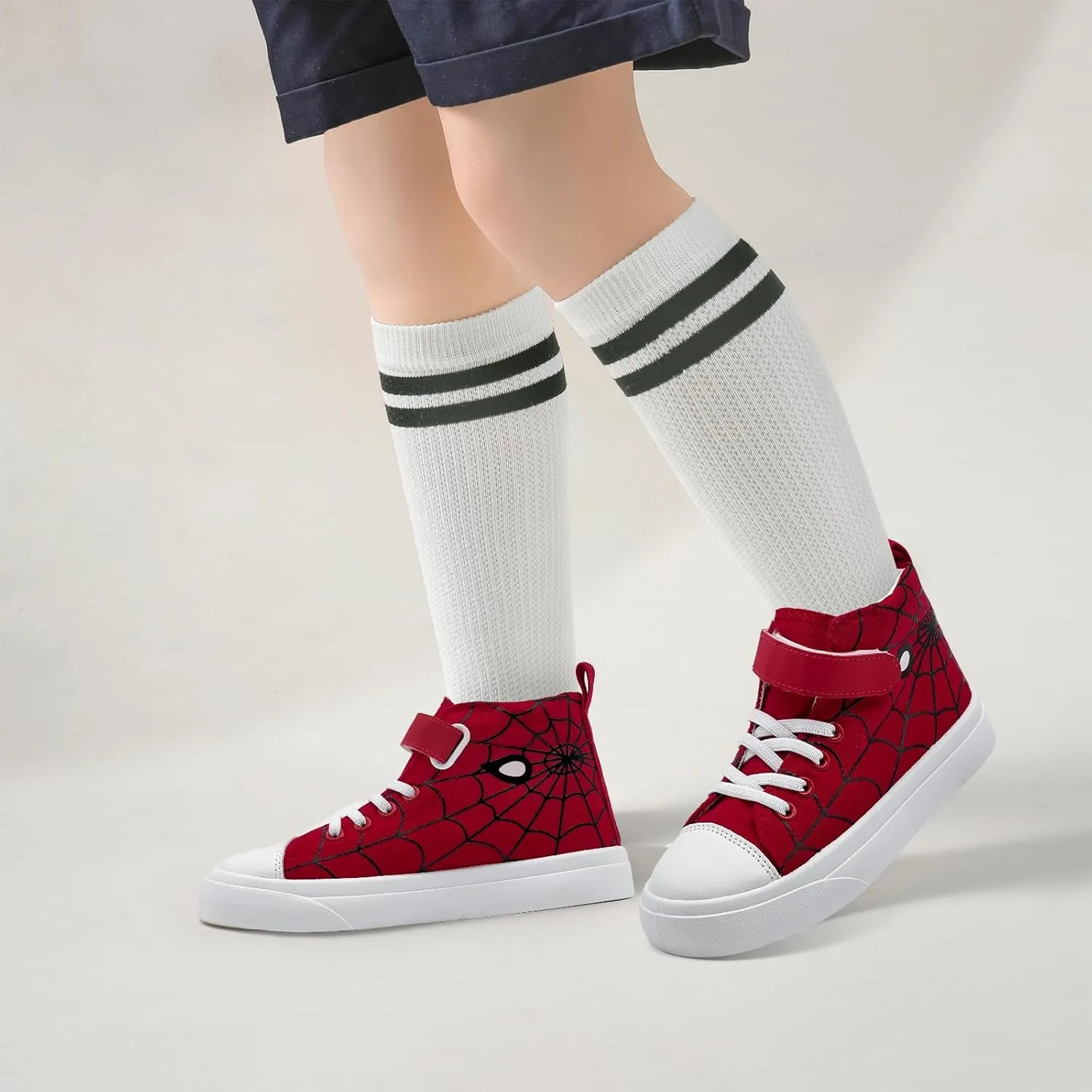 Sharllen Kid Canvas High Top Spider Sneakers Classic Adjustable Strap Lace up Shoes for Boys Girls Casual Tennis Kids Athletic Basketball Running Walking Shoes