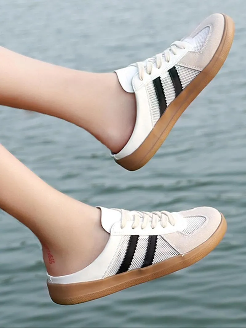 Women's Fashionable Contrast Mesh Design Lace Up Walking Shoes, Casual Slides Breathable Comfortable Sports Shoes, Female All-Match Round Toe Slip On for Daily Wear Girl