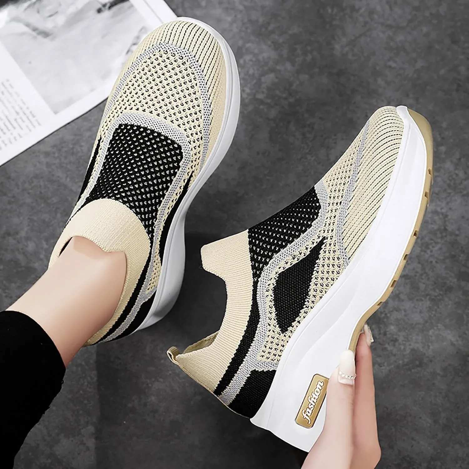 ZSpzx Womens Jogging Tennis Sneakers Slip On Air Cushioned Padded Insole Orthopedic Platform Shoes Walking Sneaker Breathable Mesh Casual Comfy Lightweight Shoe for Gym Travel Daily Wear